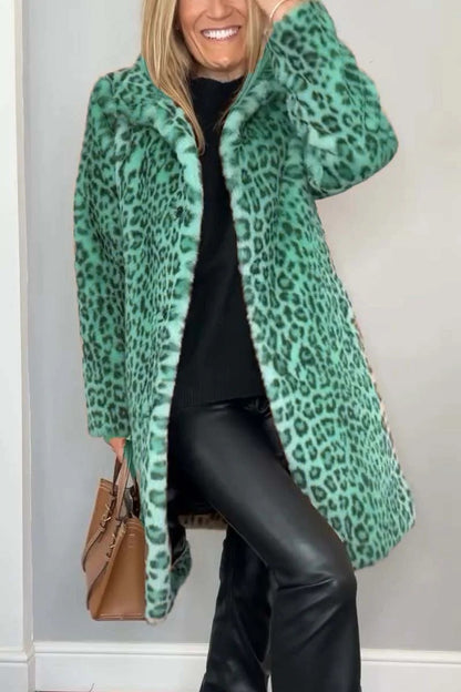 Leopard Print Plush Mid-Length Coat - Green / L POLITICSLADY