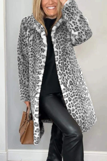 Leopard Print Plush Mid-Length Coat - Gray / L POLITICSLADY