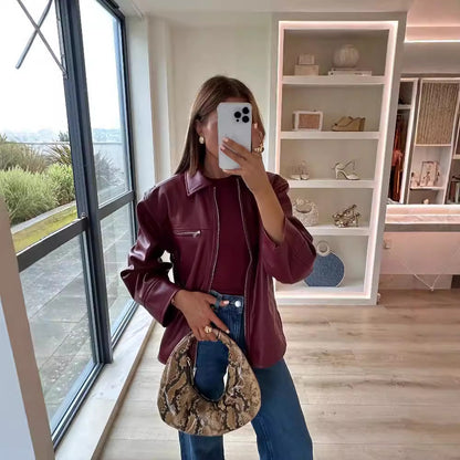 Lapel Zipper Leather Coat - Wine Red / L POLITICSLADY