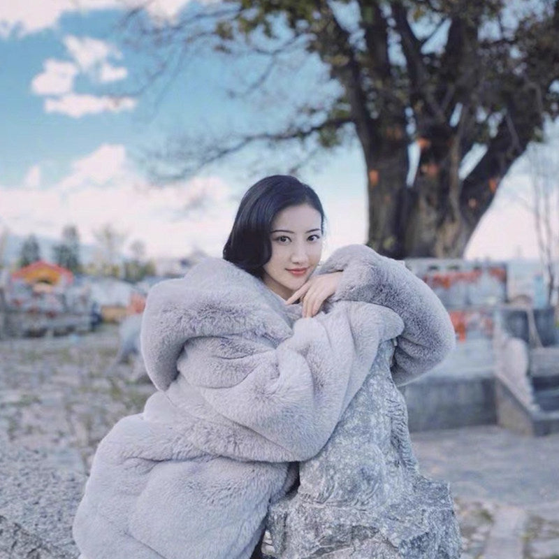Furry Imitation Fur Hoodie Coat - Gray / L POLITICSLADY