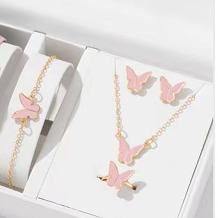 5PCS Butterfly Bridal Jewelry Set - Pink Butterfly Suit POLITICSLADY