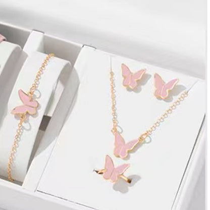 5PCS Butterfly Bridal Jewelry Set - Pink Butterfly Suit POLITICSLADY