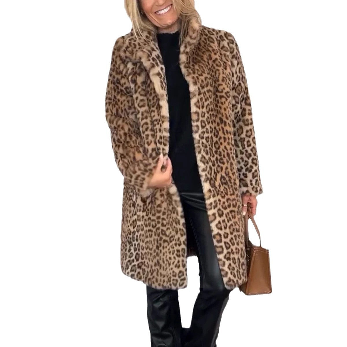 Leopard Print Plush Mid-Length Coat - Blue / L POLITICSLADY