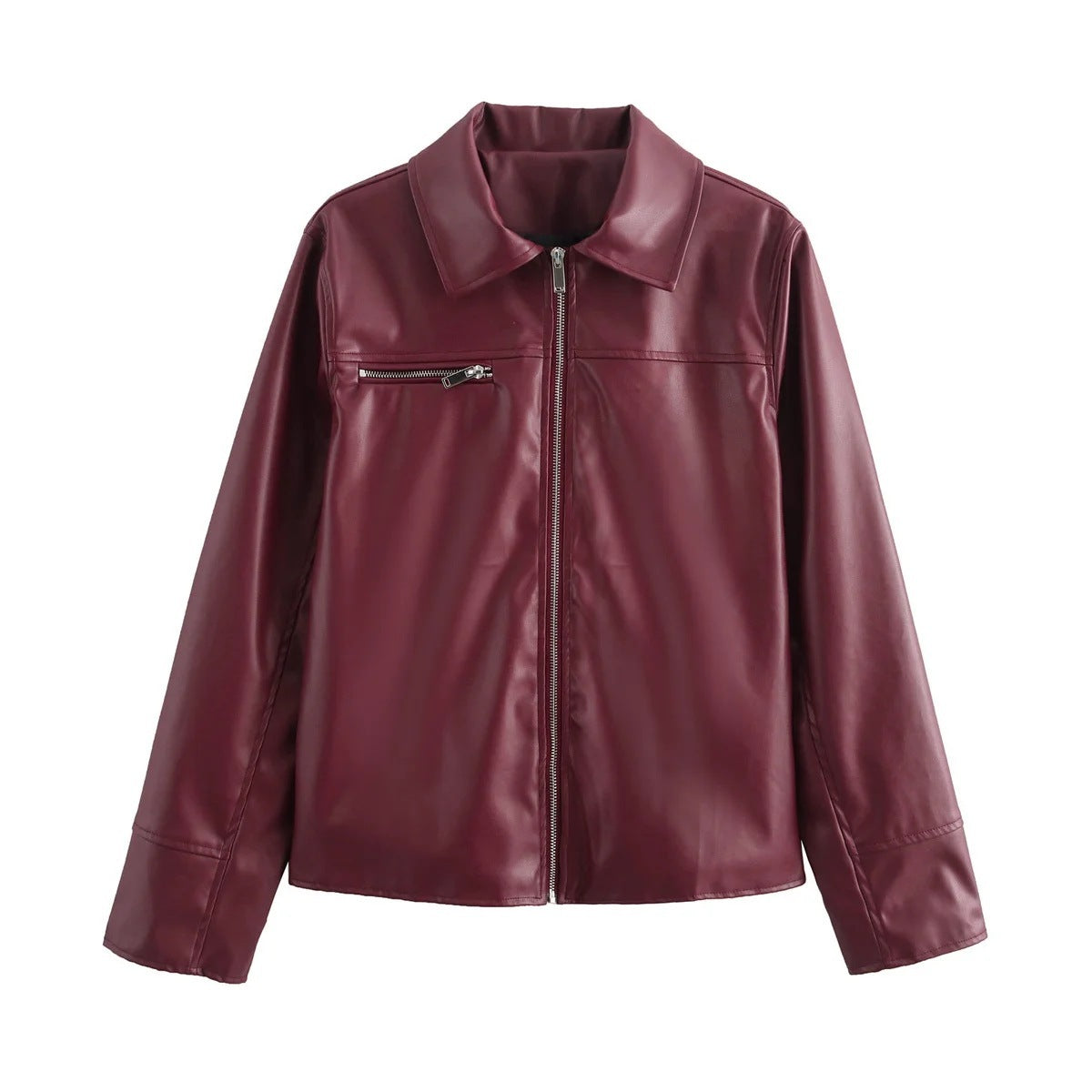 Lapel Zipper Leather Coat - Wine Red / L POLITICSLADY