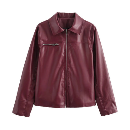 Lapel Zipper Leather Coat - Wine Red / L POLITICSLADY