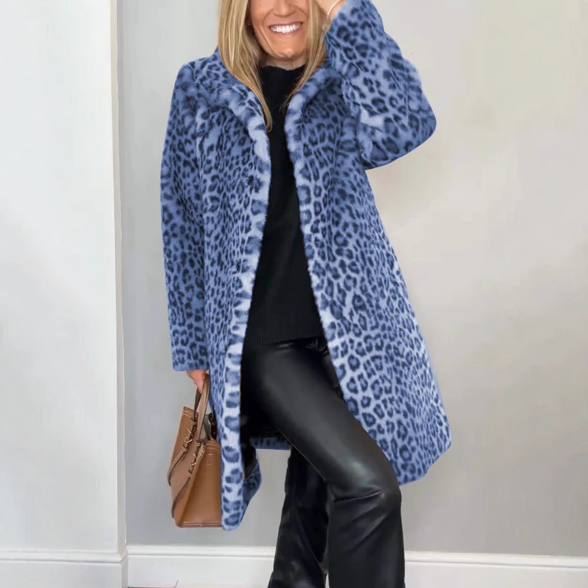 Leopard Print Plush Mid-Length Coat - Blue / L POLITICSLADY