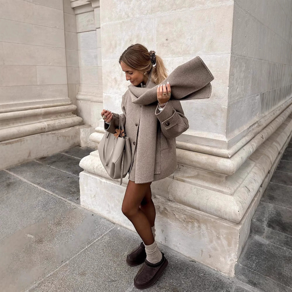 Detachable Scarf Collar Short Coat - Camel / L POLITICSLADY