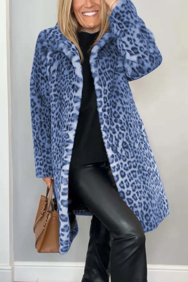 Leopard Print Plush Mid-Length Coat - Blue / L POLITICSLADY