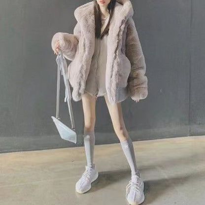 Furry Imitation Fur Hoodie Coat - Apricot / L POLITICSLADY