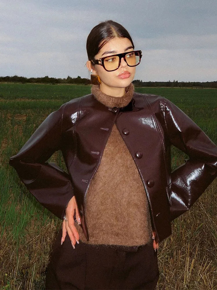 Burgundy Faux Leather Skirt Set - lapel jacket / L POLITICSLADY