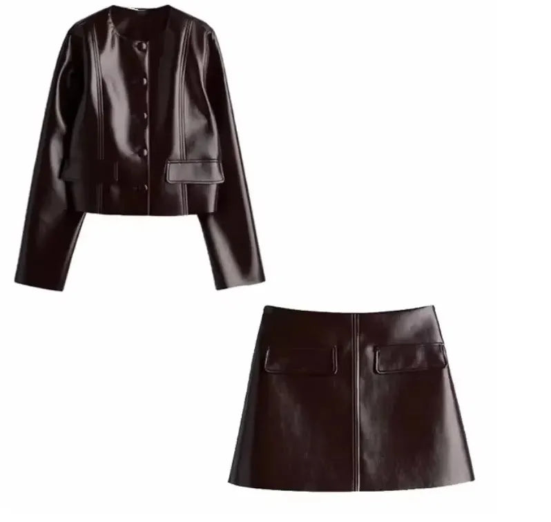 Burgundy Faux Leather Skirt Set - o-neck sets / S POLITICSLADY