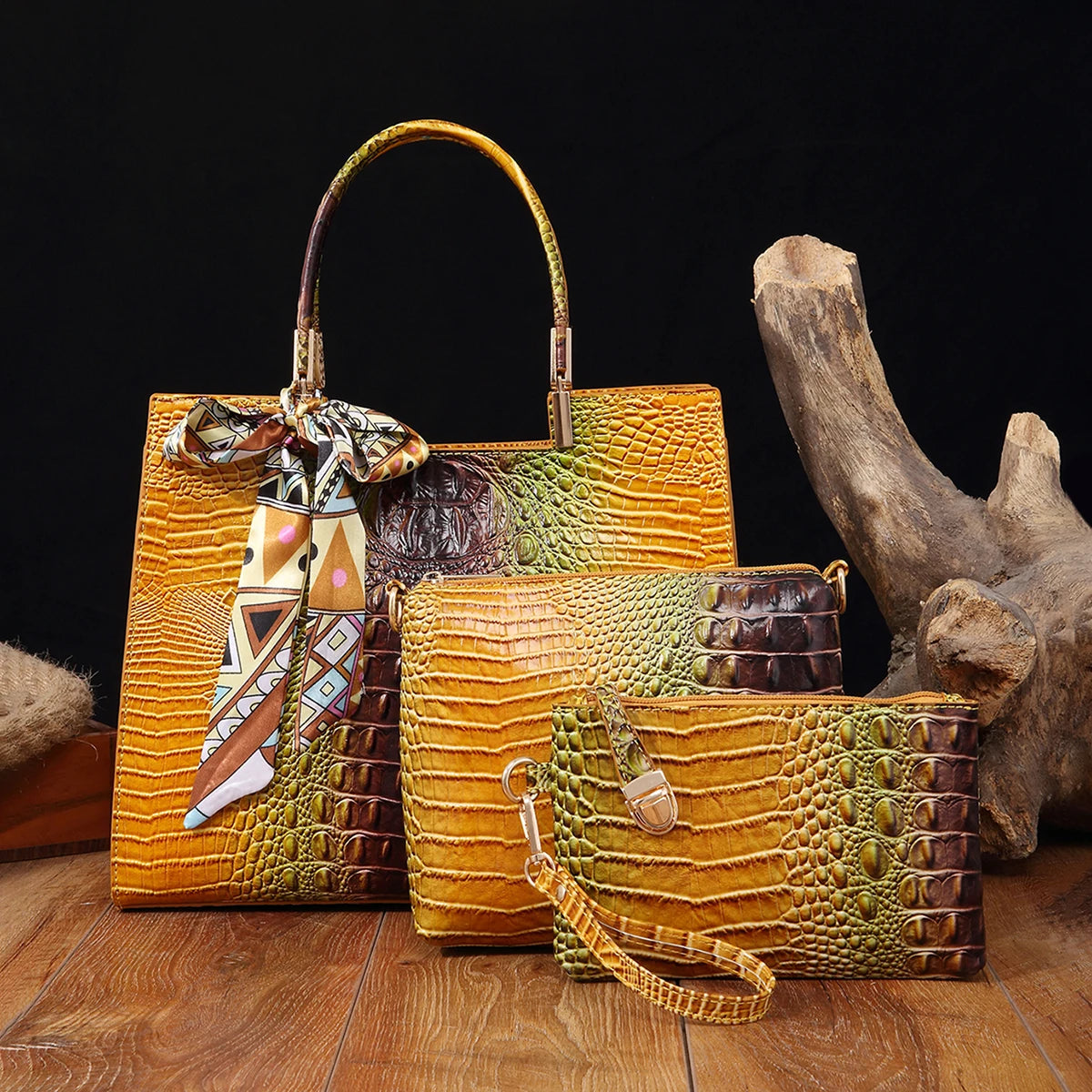 Elegant 3-Piece Crocodile Pattern Bag - GoldfishBrown POLITICSLADY