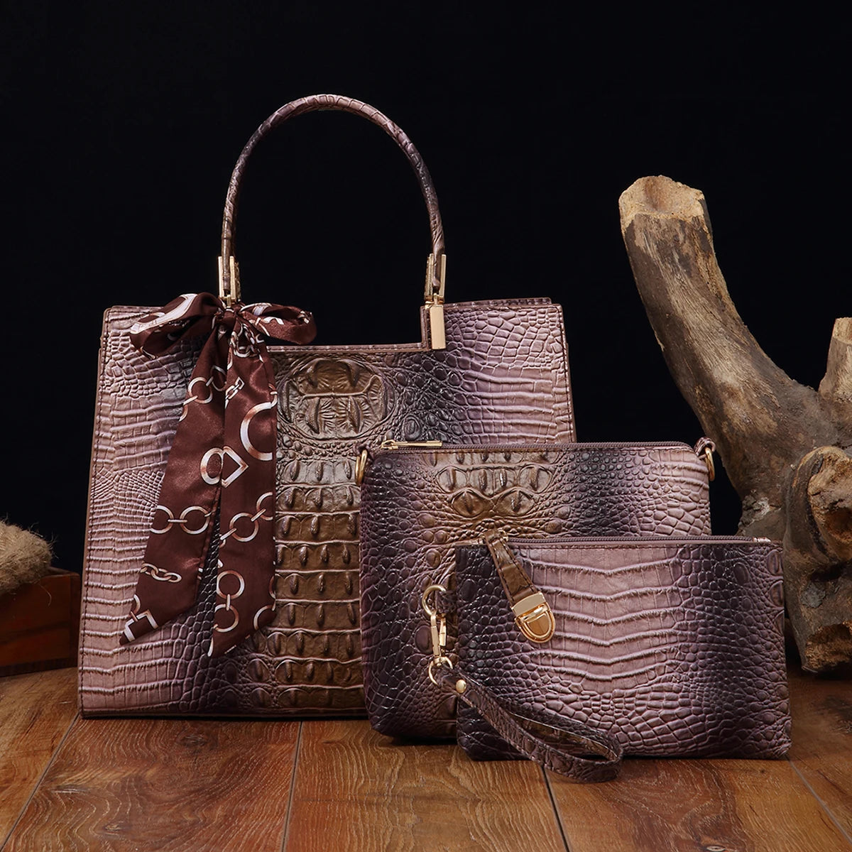 Elegant 3-Piece Crocodile Pattern Bag - ShellAndTan POLITICSLADY