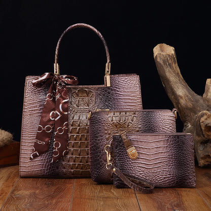 Elegant 3-Piece Crocodile Pattern Bag - ShellAndTan POLITICSLADY