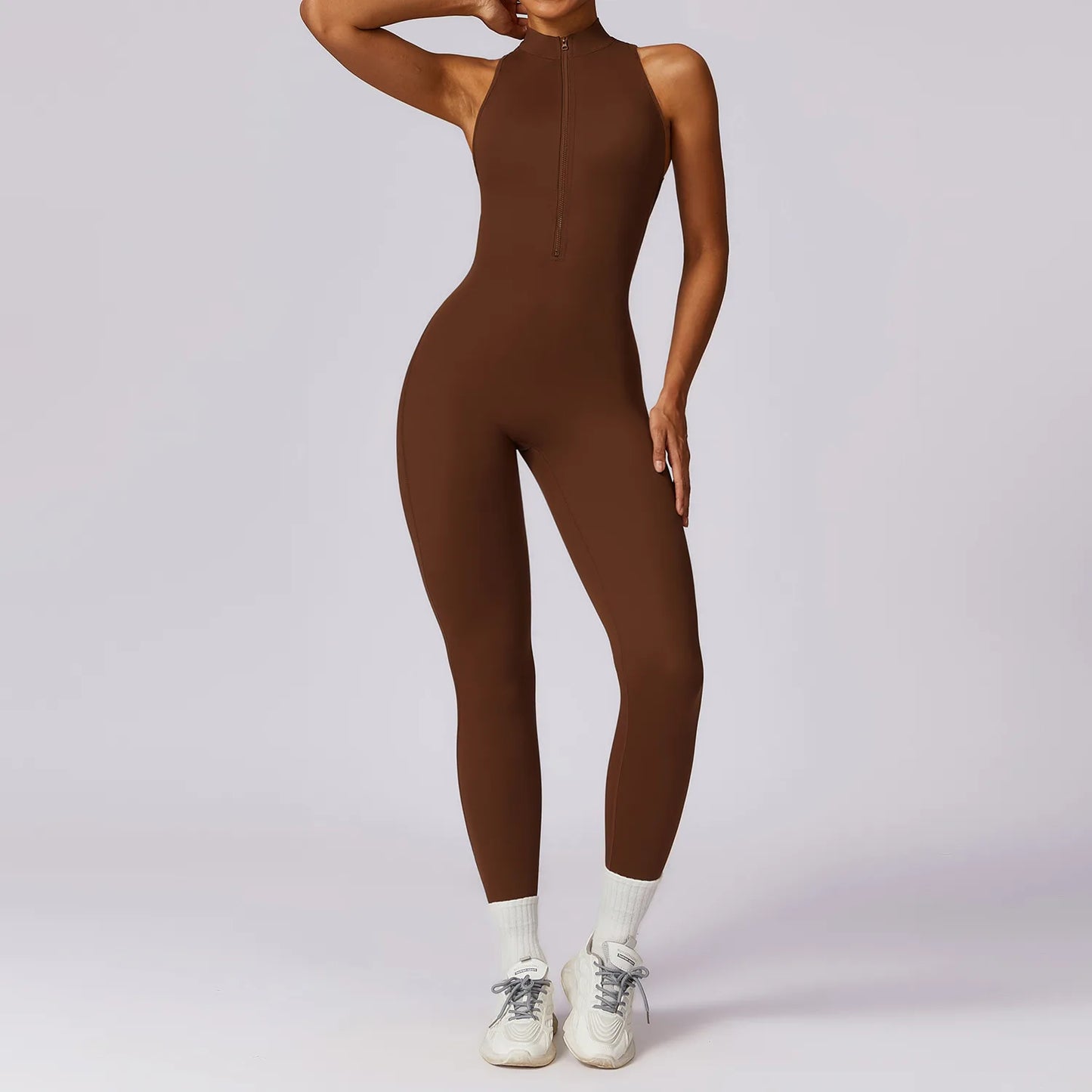 V-Back Zippered Sports Jumpsuit for Women - Brown / XL POLITICSLADY