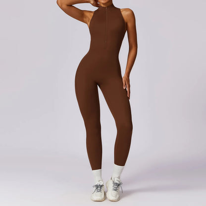 V-Back Zippered Sports Jumpsuit for Women - Brown / XL POLITICSLADY
