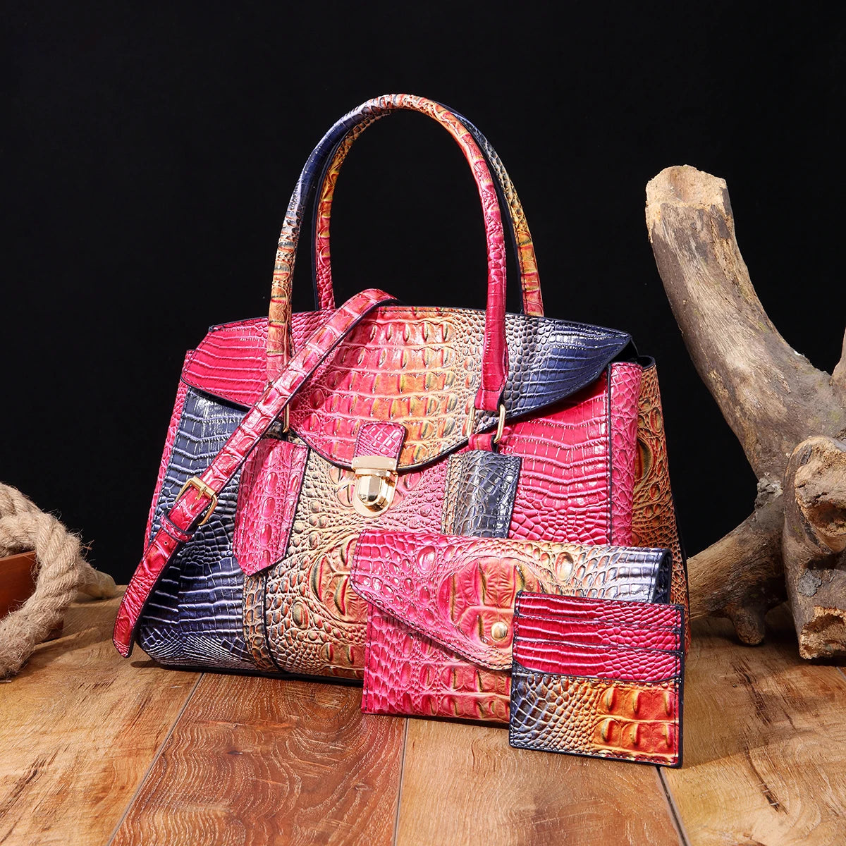 Avant-Garde Iridescent Crocodile Embossed Leather Set - RoseBlue POLITICSLADY