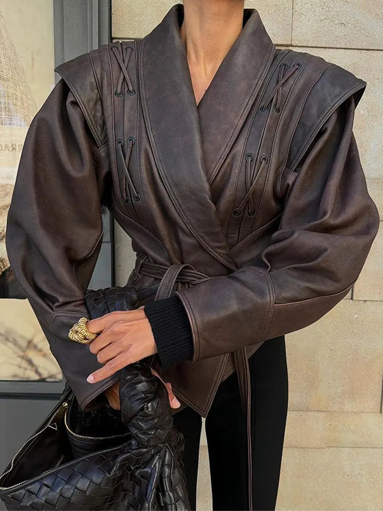 Vintage Lace-Up Leather Jacket - Black / L POLITICSLADY