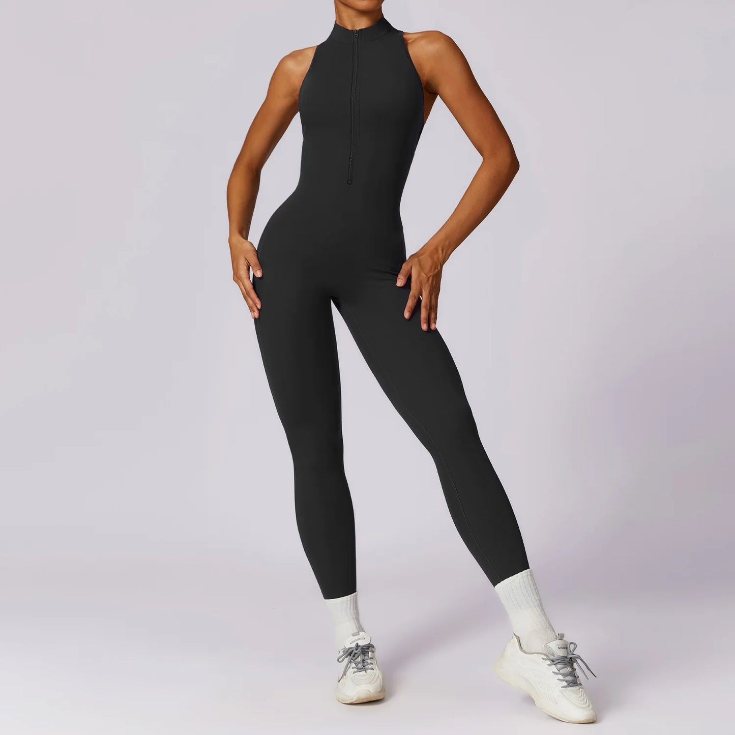 V-Back Zippered Sports Jumpsuit for Women - Black / XL POLITICSLADY