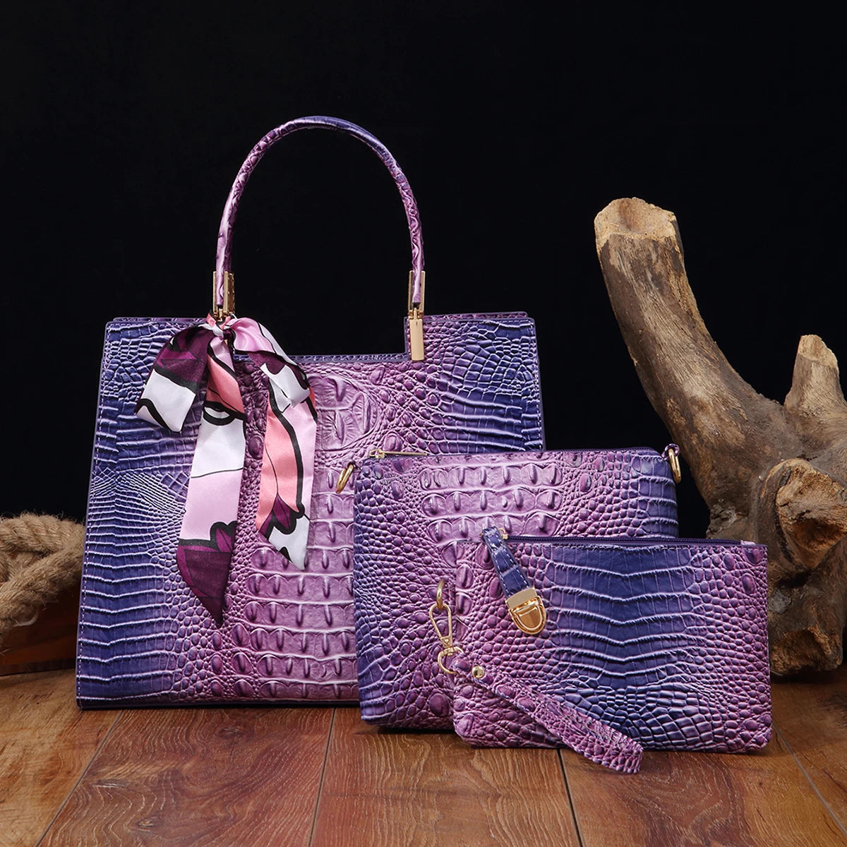 Elegant 3-Piece Crocodile Pattern Bag - Violet POLITICSLADY
