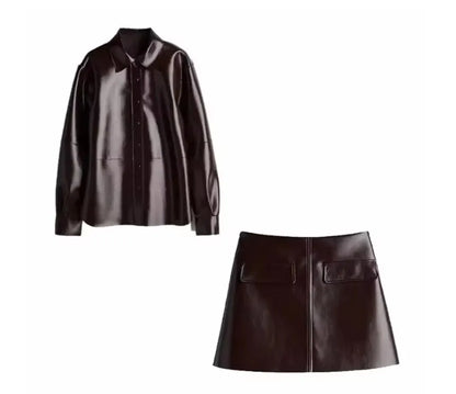 Burgundy Faux Leather Skirt Set - lapel sets / M POLITICSLADY