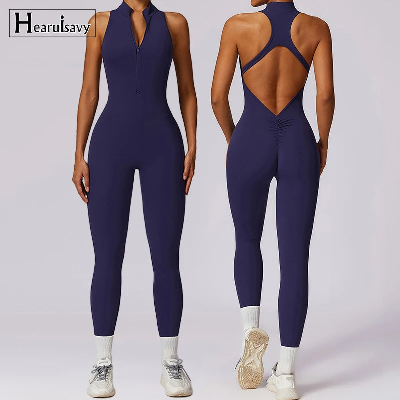 V-Back Zippered Sports Jumpsuit for Women - Haze Blue / XL POLITICSLADY