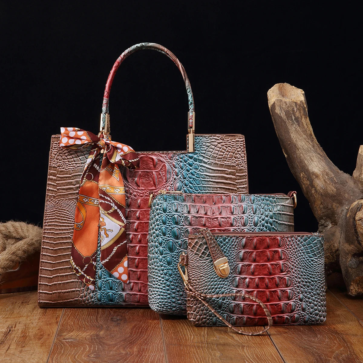 Elegant 3-Piece Crocodile Pattern Bag - MaroonBrown POLITICSLADY