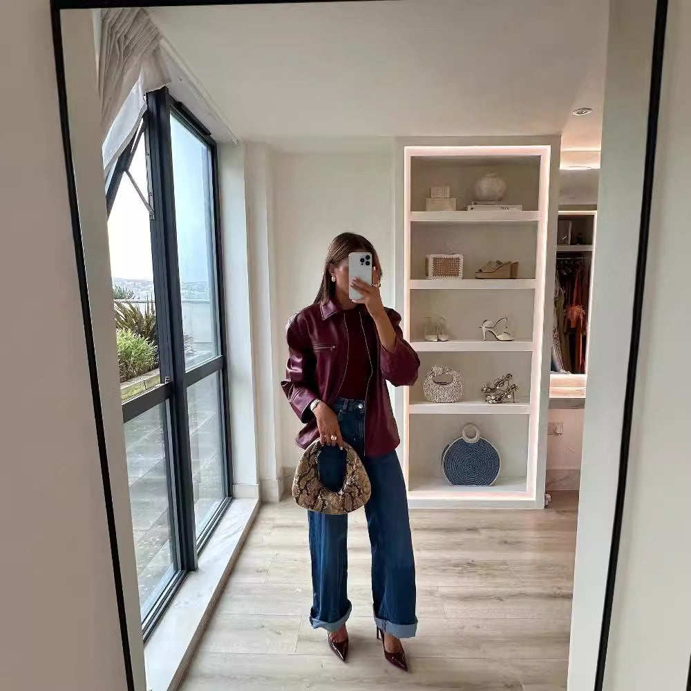 Lapel Zipper Leather Coat - Wine Red / L POLITICSLADY