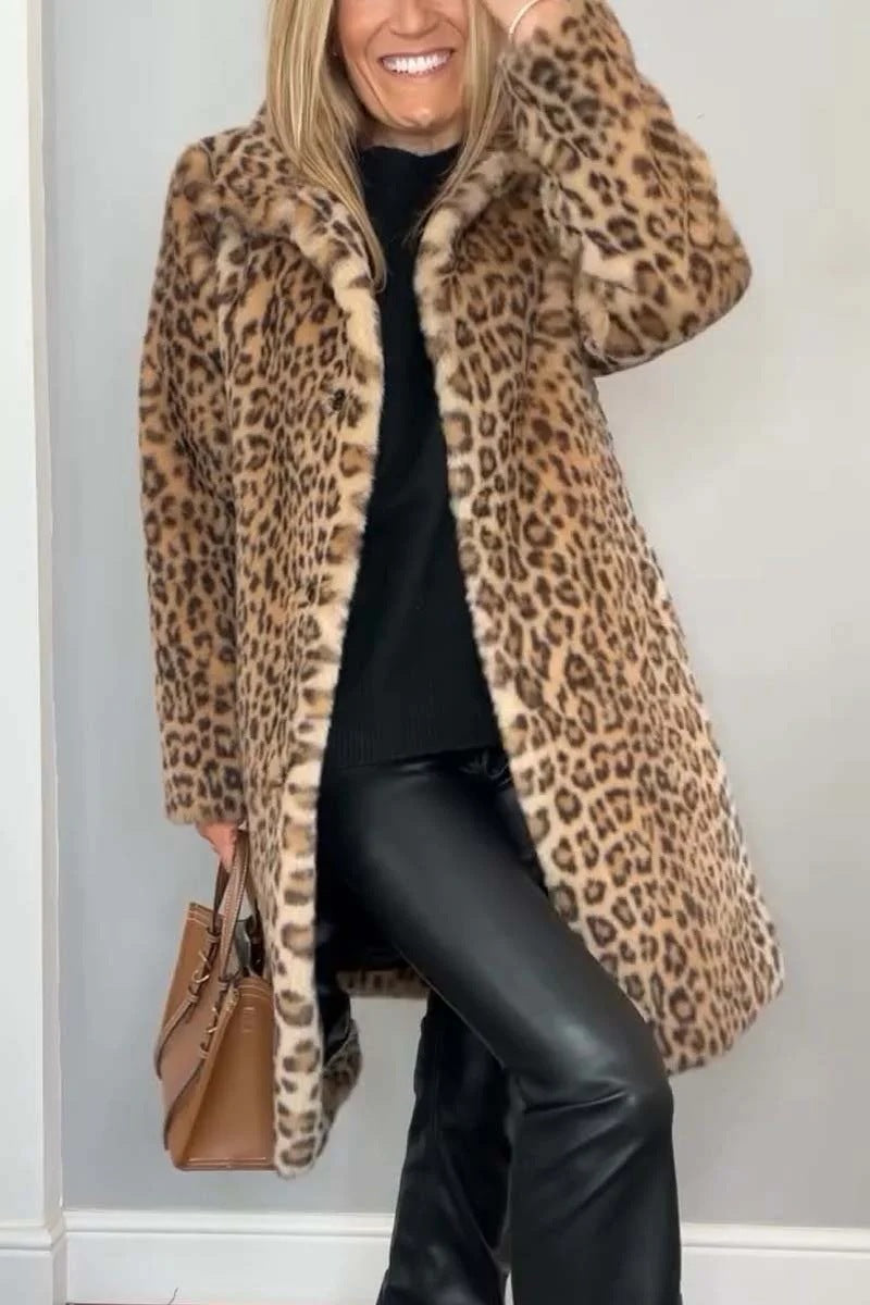 Leopard Print Plush Mid-Length Coat - Khaki / L POLITICSLADY