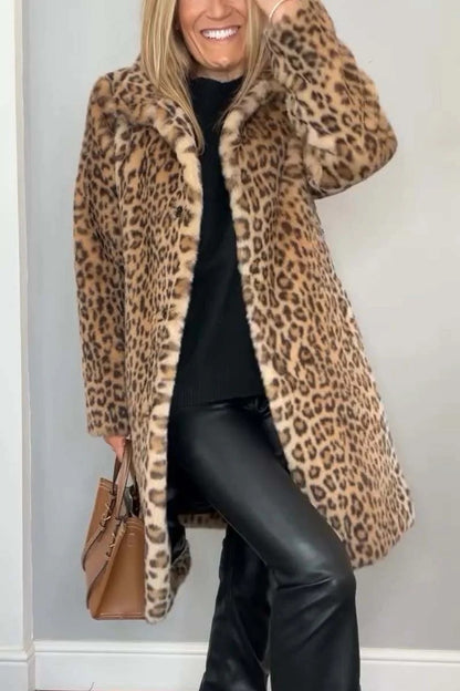 Leopard Print Plush Mid-Length Coat - Khaki / L POLITICSLADY