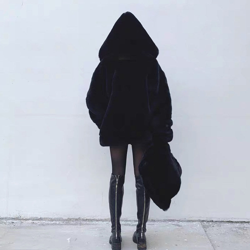 Furry Imitation Fur Hoodie Coat - Black / L POLITICSLADY