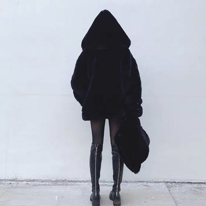 Furry Imitation Fur Hoodie Coat - Black / L POLITICSLADY